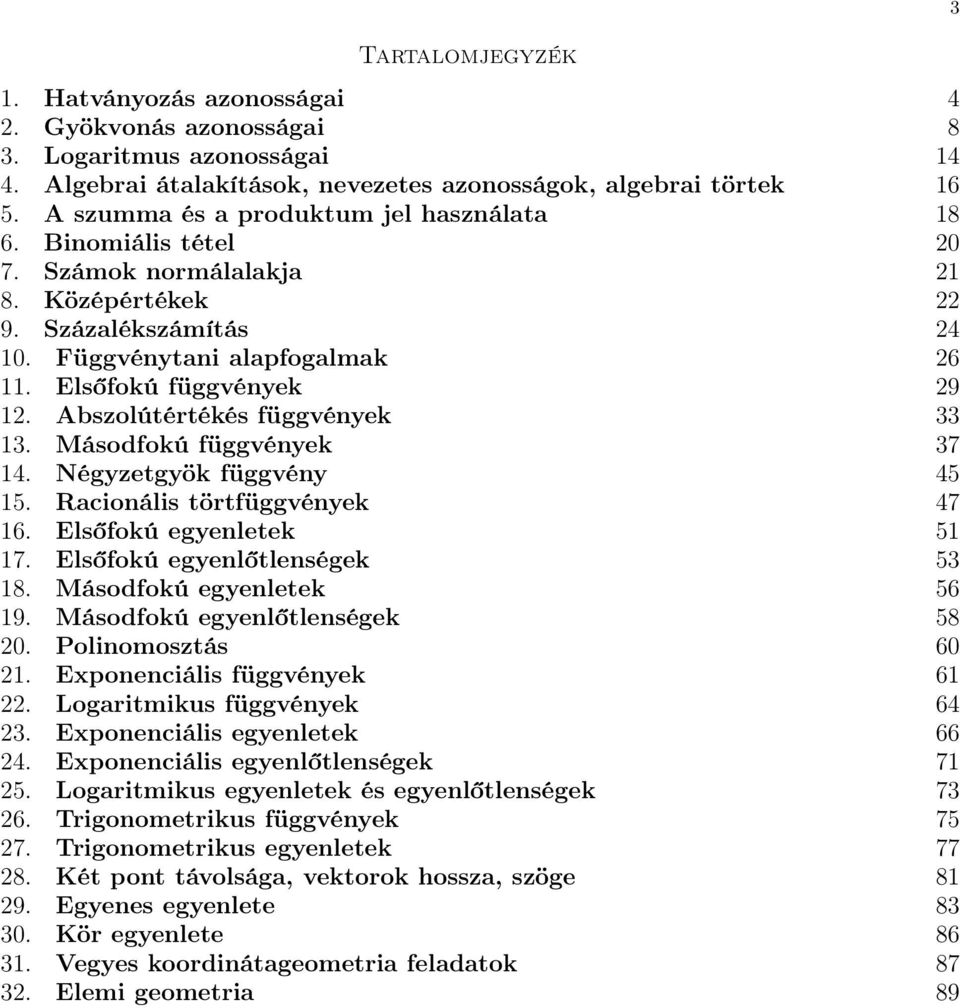 Abszolútértékés függvények 33 13. Másodfokú függvények 37 14. Négyzetgyök függvény 45 15. Racionális törtfüggvények 47 16. Elsőfokú egyenletek 51 17. Elsőfokú egyenlőtlenségek 53 18.