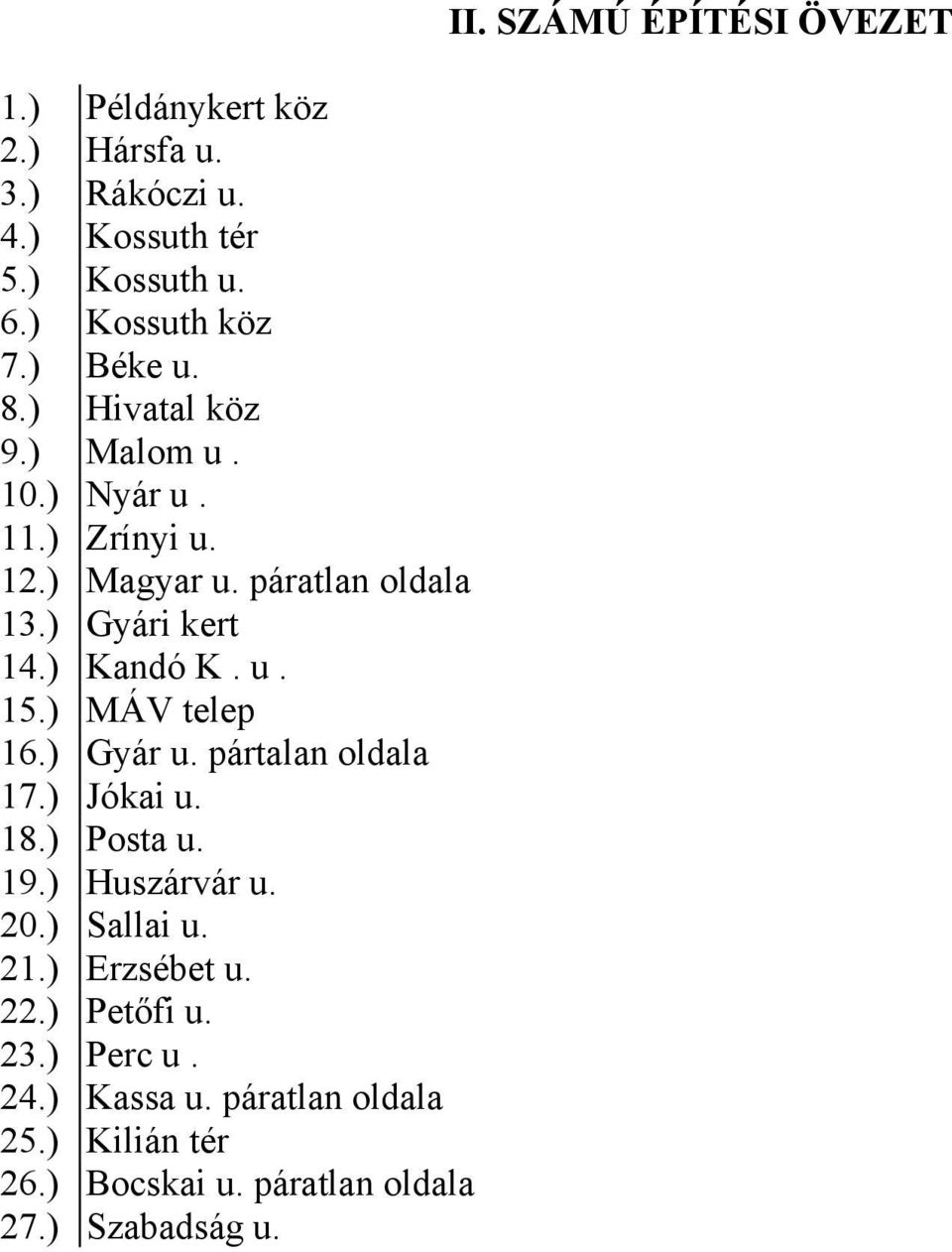 ) MÁV telep 16.) Gyár u. pártalan oldala 17.) Jókai u. 18.) Posta u. 19.) Huszárvár u. 20.) Sallai u. 21.) Erzsébet u. 22.