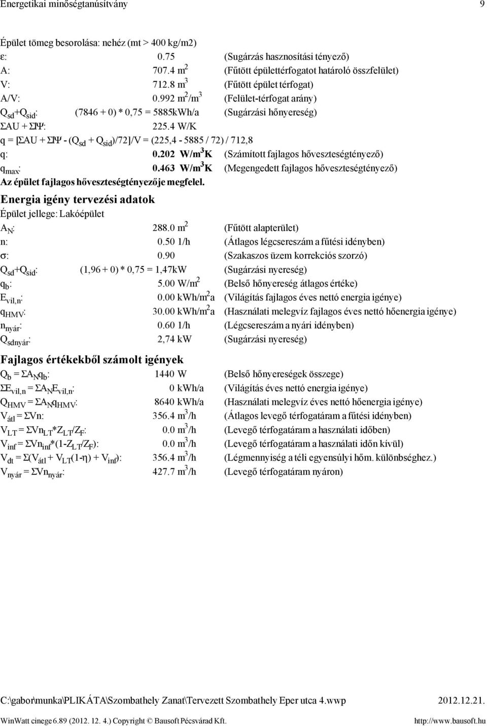 4 W/K q = [ΣAU + ΣlΨ - (Q sd + Q sid )/72]/V = (225,4-5885 / 72) / 712,8 q: 0.202 W/m 3 K (Számított fajlagos hőveszteségtényező) q max : 0.