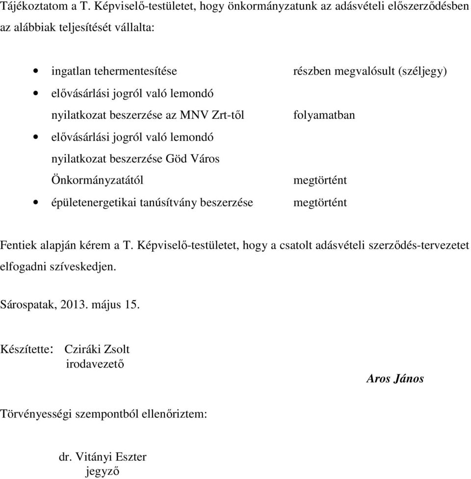 elıvásárlási jogról való lemondó nyilatkozat beszerzése az MNV Zrt-tıl folyamatban elıvásárlási jogról való lemondó nyilatkozat beszerzése Göd Város Önkormányzatától