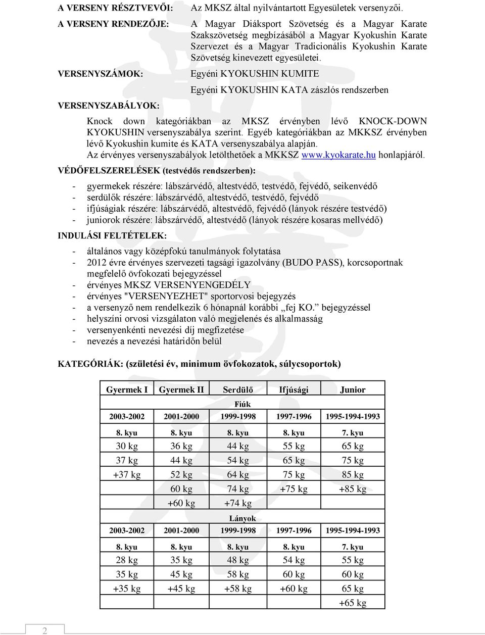 Egyéni KYOKUSHIN KUMITE Egyéni KYOKUSHIN KATA zászlós rendszerben VERSENYSZABÁLYOK: Knock down kategóriákban az MKSZ érvényben lévő KNOCK-DOWN KYOKUSHIN versenyszabálya szerint.
