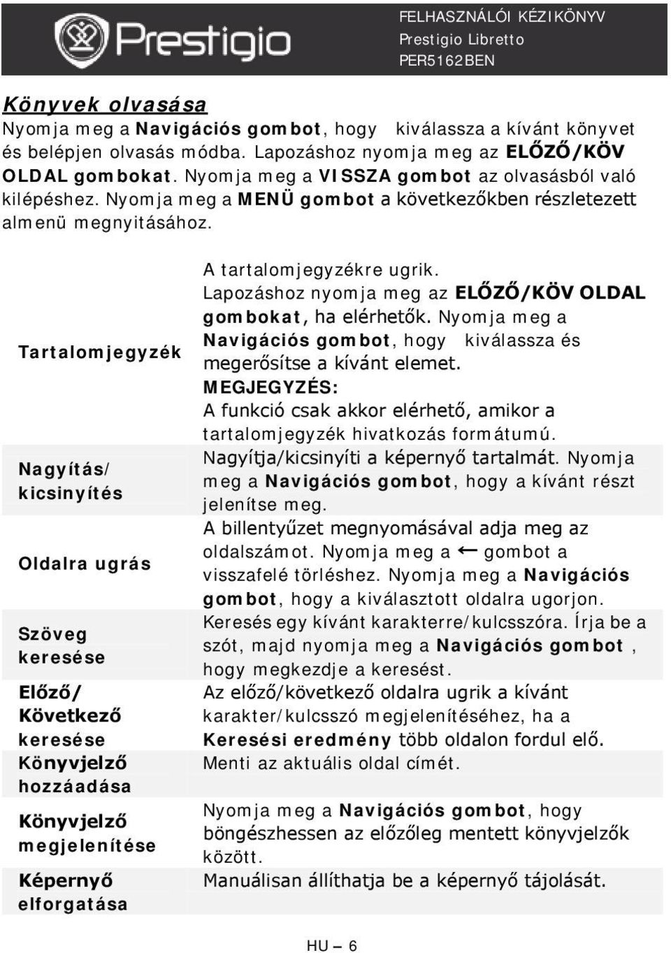 Tartalomjegyzék Nagyítás/ kicsinyítés Oldalra ugrás Szöveg keresése Előző/ Következő keresése Könyvjelző hozzáadása Könyvjelző megjelenítése Képernyő elforgatása A tartalomjegyzékre ugrik.