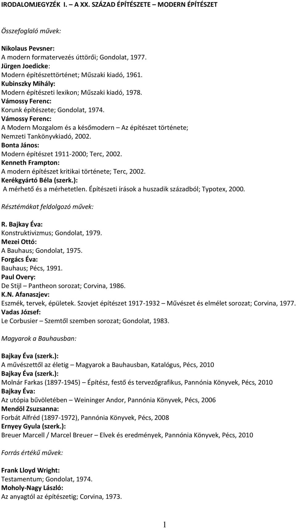 Vámossy Ferenc: A Modern Mozgalom és a későmodern Az építészet története; Nemzeti Tankönyvkiadó, 2002. Bonta János: Modern építészet 1911-2000; Terc, 2002.