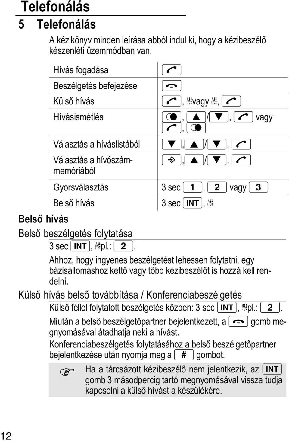 hívás 4 Belső beszélgetés folytatása 3 sec, pl.:. Ahhoz, hogy ingyenes beszélgetést lehessen folytatni, egy bázisállomáshoz kettő vagy több kézibeszélőt is hozzá kell rendelni.