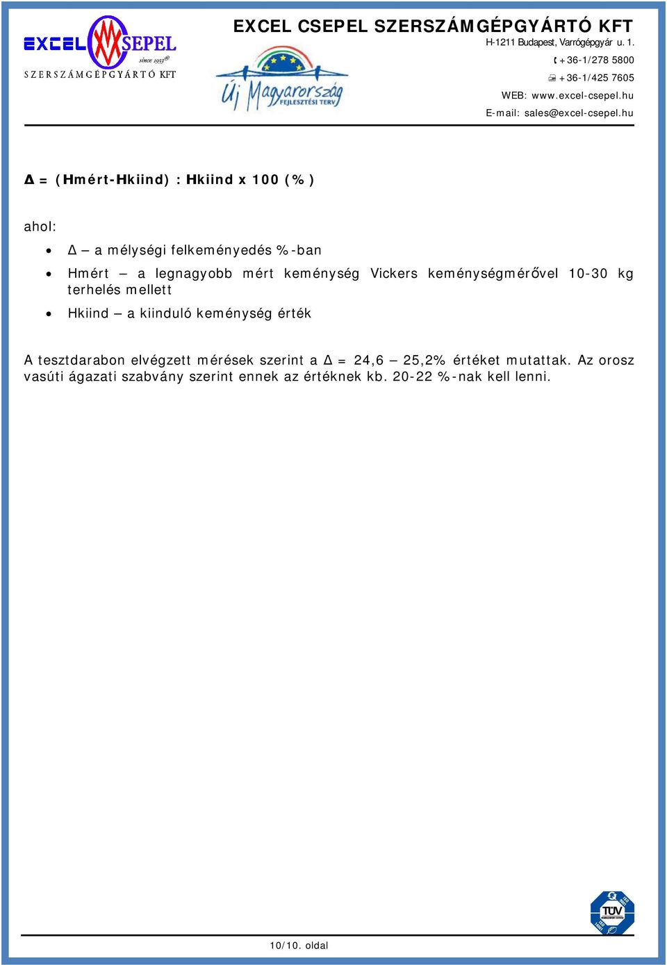 kiinduló keménység érték A tesztdarabon elvégzett mérések szerint a = 24,6 25,2% értéket mutattak.