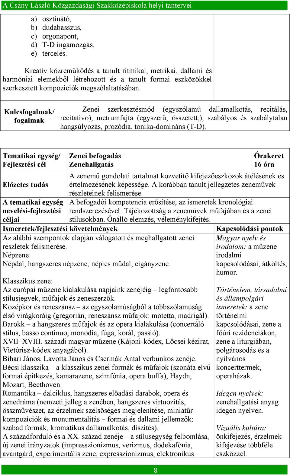 Kulcsfogalmak/ fogalmak Zenei szerkesztésmód (egyszólamú dallamalkotás, recitálás, recitativo), metrumfajta (egyszerű, összetett,), szabályos és szabálytalan hangsúlyozás, prozódia.