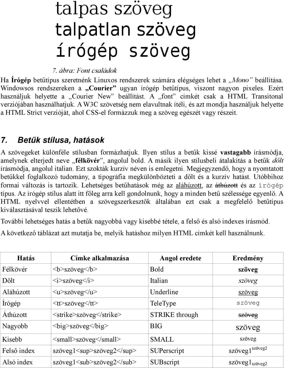 A W3C szövetség nem elavultnak ítéli, és azt mondja használjuk helyette a HTML Strict verzióját, ahol CSS-el formázzuk meg a szöveg egészét vagy részeit. 7.