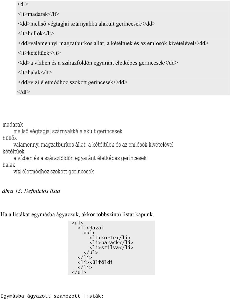 <lt>halak</lt> <dd>vízi életmódhoz szokott gerincesek</dd> </dl> ábra 13: Definíciós lista Ha a listákat egymásba ágyazzuk, akkor