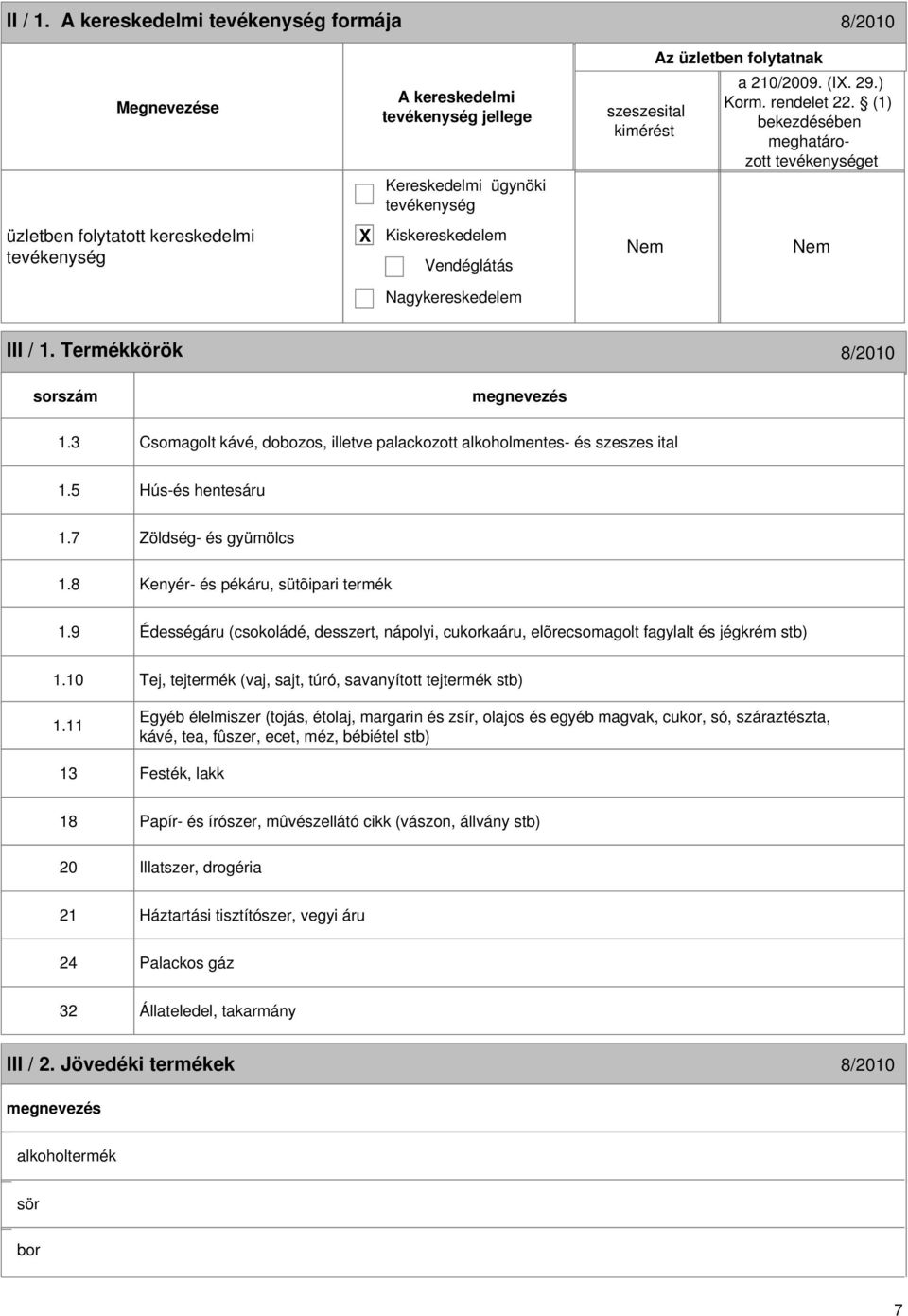 3 Csomagolt kávé, dobozos, illetve palackozott alkoholmentes- és szeszes ital 1.5 Hús-és hentesáru 1.7 Zöldség- és gyümölcs 1.8 Kenyér- és pékáru, sütõipari termék 1.