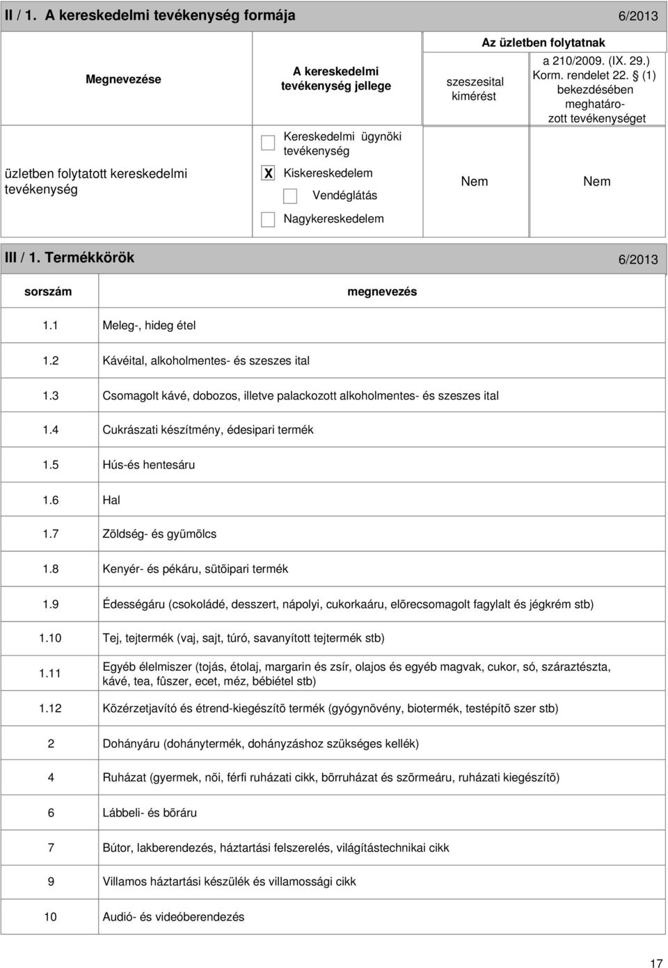 2 Kávéital, alkoholmentes- és szeszes ital 1.3 Csomagolt kávé, dobozos, illetve palackozott alkoholmentes- és szeszes ital 1.4 Cukrászati készítmény, édesipari termék 1.5 Hús-és hentesáru 1.6 Hal 1.