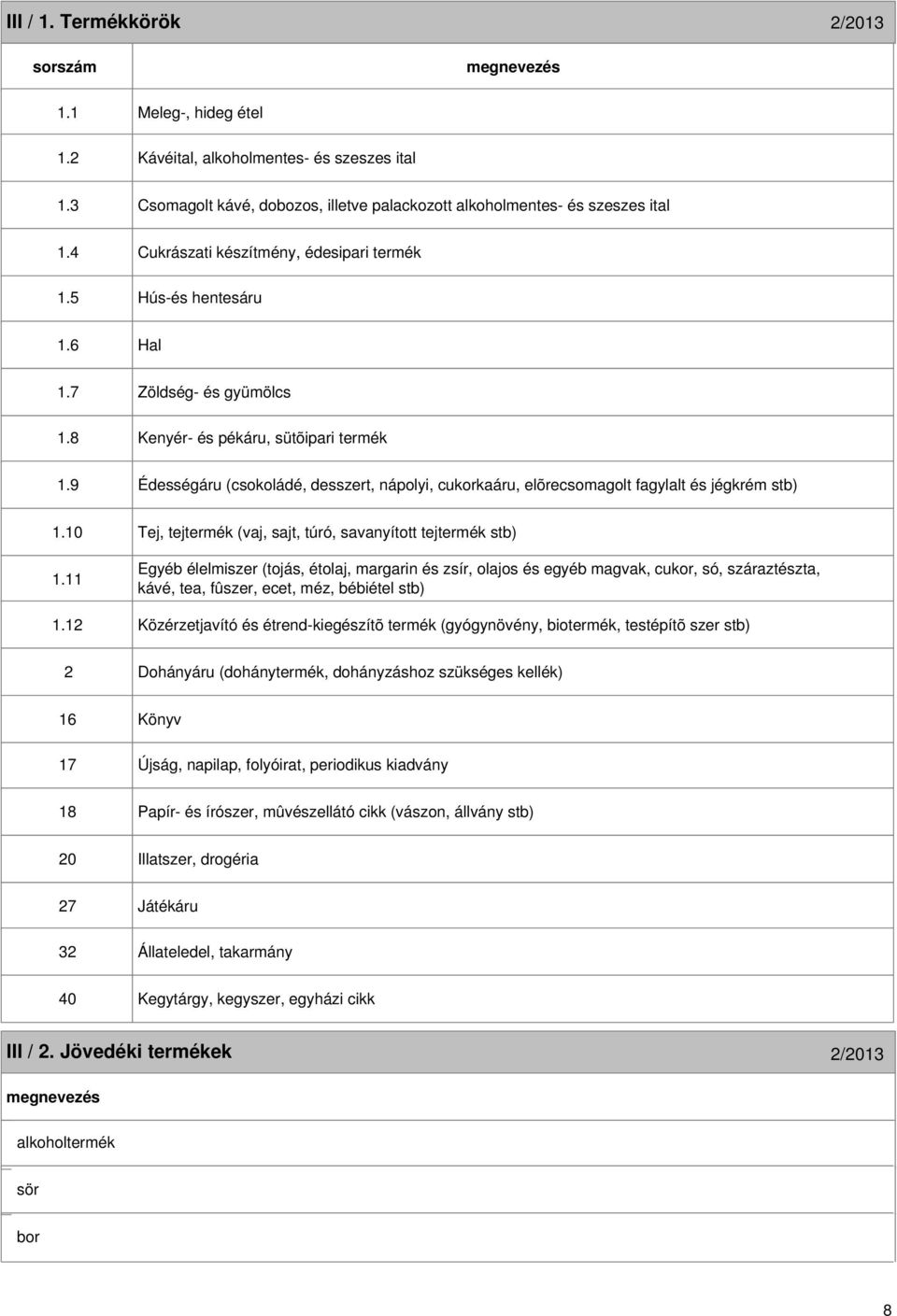 9 Édességáru (csokoládé, desszert, nápolyi, cukorkaáru, elõrecsomagolt fagylalt és jégkrém stb) 1.10 Tej, tejtermék (vaj, sajt, túró, savanyított tejtermék stb) 1.