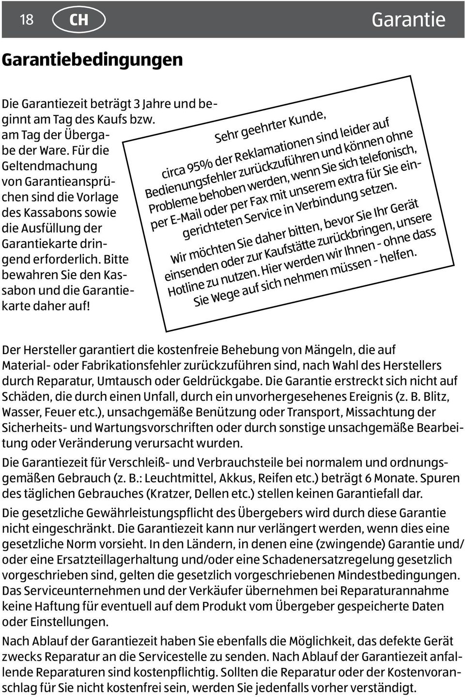 Bitte bewahren Sie den Kassabon und die Garantiekarte daher auf!