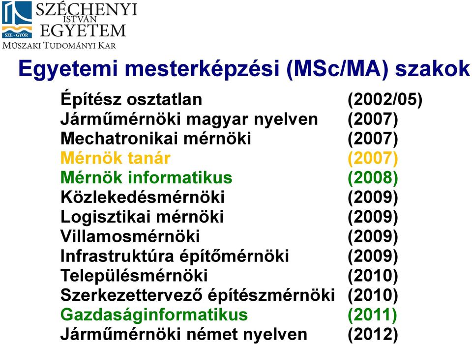 Logisztikai mérnöki (2009) Villamosmérnöki (2009) Infrastruktúra építőmérnöki (2009) Településmérnöki
