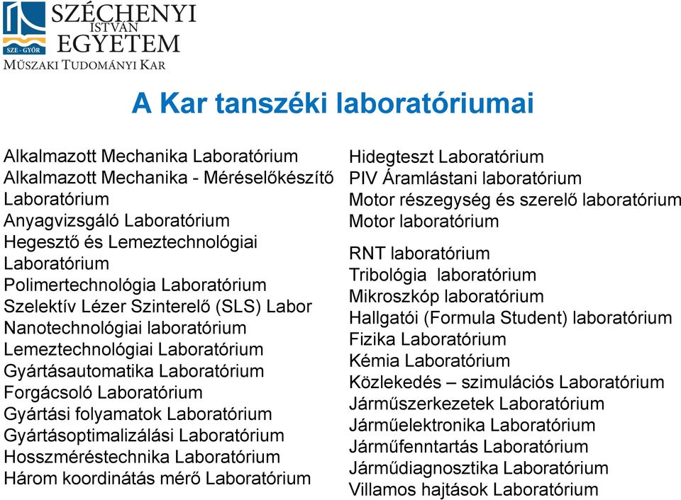 folyamatok Laboratórium Gyártásoptimalizálási Laboratórium Hosszméréstechnika Laboratórium Három koordinátás mérő Laboratórium Hidegteszt Laboratórium PIV Áramlástani laboratórium Motor részegység és