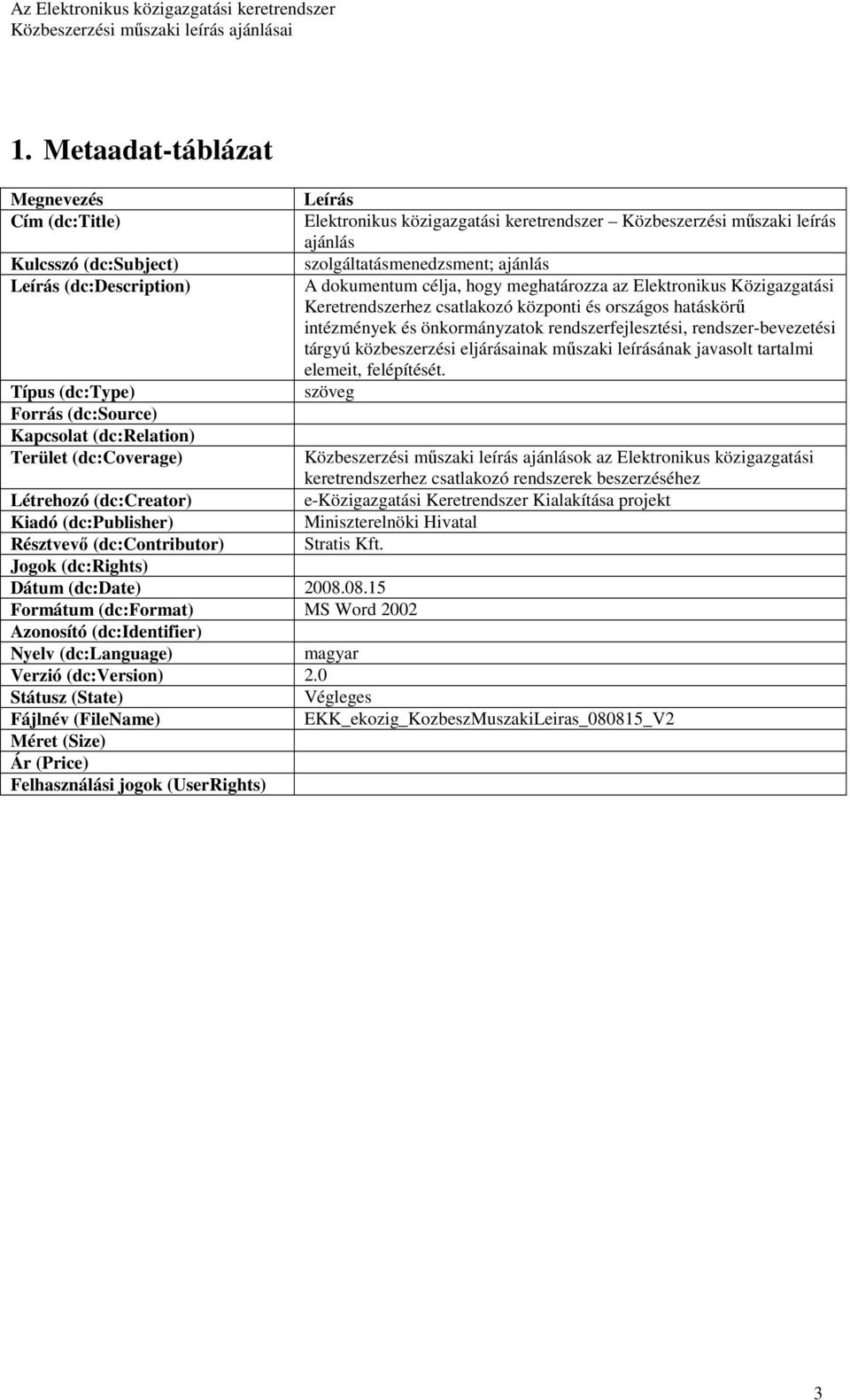 08.15 Formátum (dc:format) MS Word 2002 Azonosító (dc:identifier) Leírás Elektronikus közigazgatási keretrendszer Közbeszerzési mőszaki leírás ajánlás szolgáltatásmenedzsment; ajánlás A dokumentum