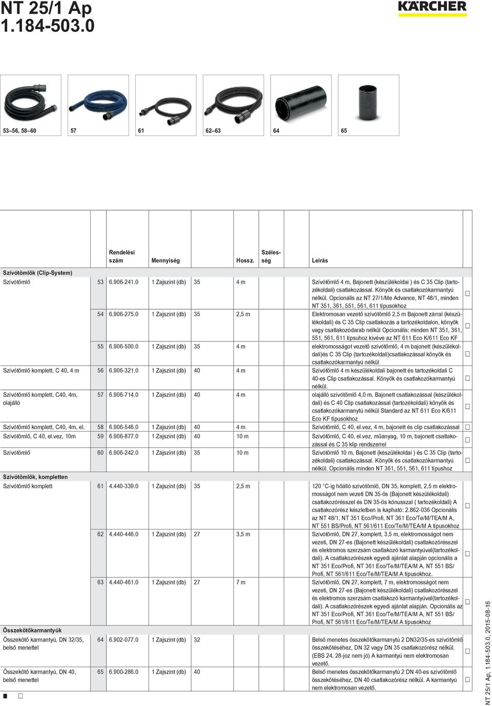 0 1 Zajszint (db) 35 2,5 m Elektromosan vezető szívótömlő 2,5 m Bajonett zárral (készülékoldali) és C 35 Clip csatlakozás a tartozékoldalon, könyök vagy csatlakozódarab nélkül Opcionális: minden NT