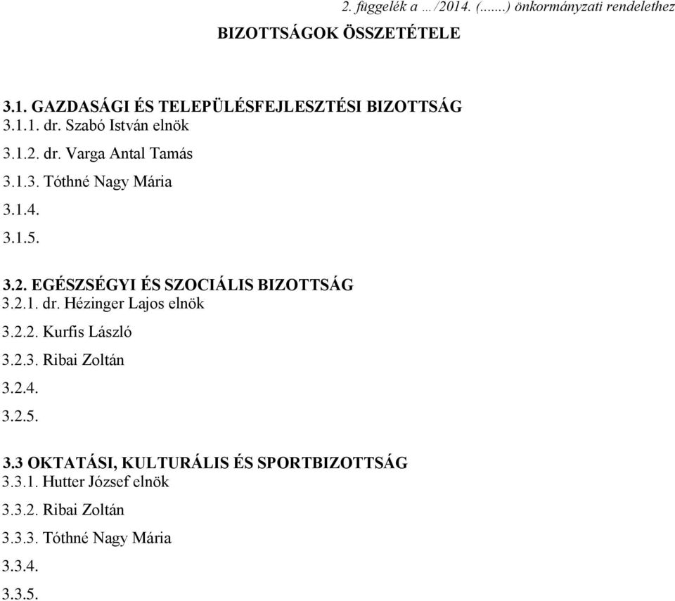 2.1. dr. Hézinger Lajos elnök 3.2.2. Kurfis László 3.2.3. Ribai Zoltán 3.2.4. 3.2.5. 3.3 OKTATÁSI, KULTURÁLIS ÉS SPORTBIZOTTSÁG 3.