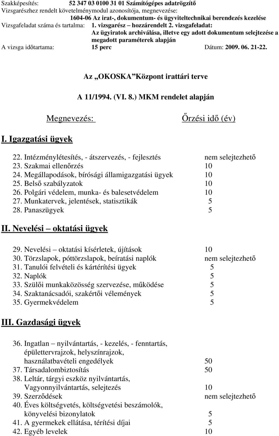 Megállapodások, bírósági államigazgatási ügyek 10 2. els szabályzatok 10 26. Polgári védelem, munka- és balesetvédelem 10 27. Munkatervek, jelentések, statisztikák 28. Panaszügyek II.