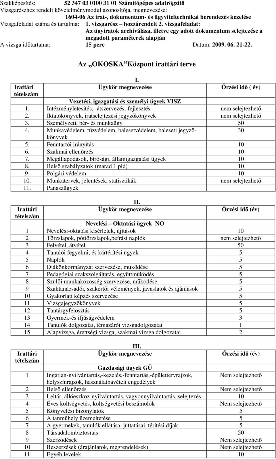 Iktatókönyvek, iratselejtezési jegyz könyvek nem selejtezhet. Személyzeti, bér- és munkaügy 0. Munkavédelem, t zvédelem, balesetvédelem, baleseti jegyz - 0 könyvek. Fenntartói irányítás 10 6.