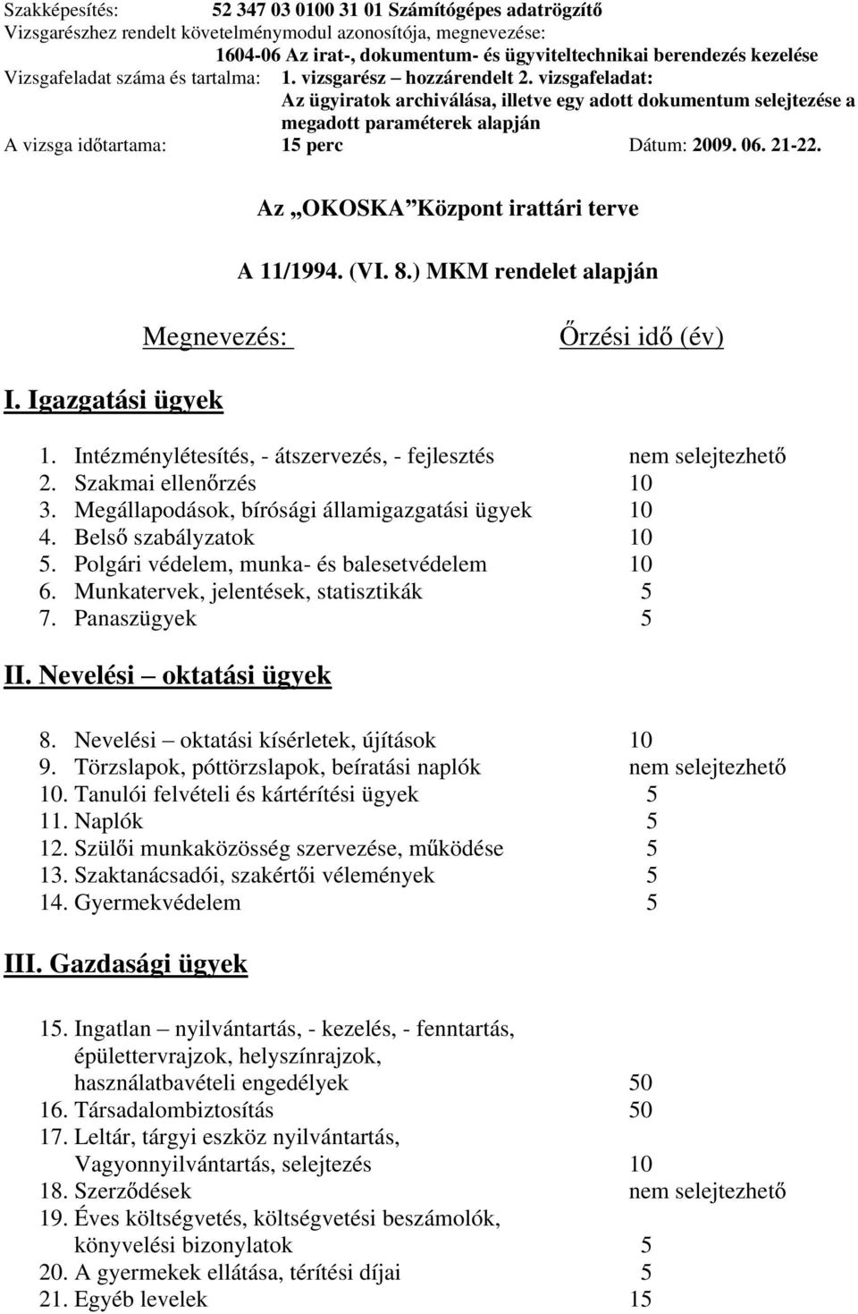 Megállapodások, bírósági államigazgatási ügyek 10. els szabályzatok 10. Polgári védelem, munka- és balesetvédelem 10 6. Munkatervek, jelentések, statisztikák 7. Panaszügyek II.