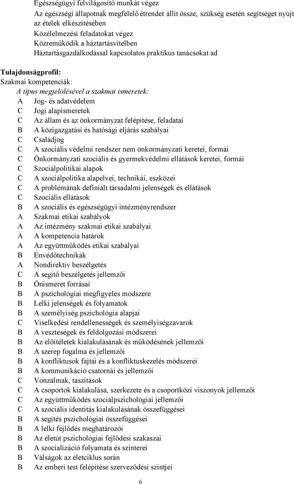 alapismeretek C Az állam és az önkormányzat felépítése, feladatai B A közigazgatási és hatósági eljárás szabályai C Családjog C A szociális védelmi rendszer nem önkormányzati keretei, formái C