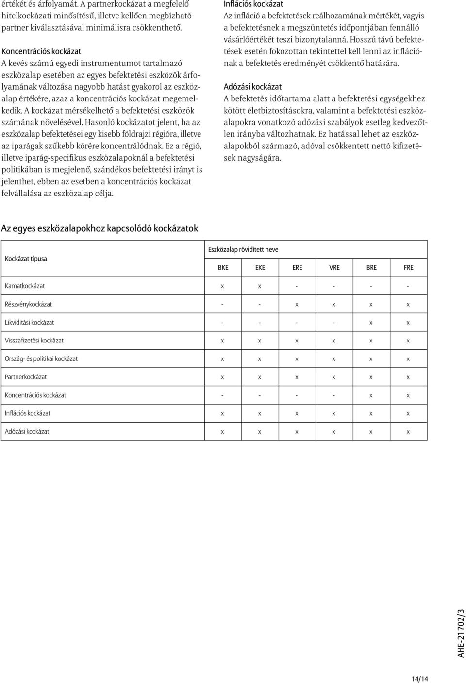 koncentrációs kockázat megemelkedik. A kockázat mérsékelhetõ a befektetési eszközök számának növelésével.