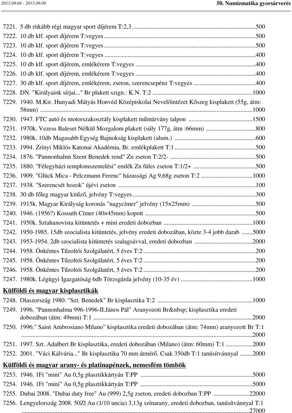 "Királyaink sírjai..." Br plakett szign.: K.N. T:2...1000 7229. 1940. M.Kir. Hunyadi Mátyás Honvéd Középiskolai Nevelőintézet Kőszeg kisplakett (55g, átm: 58mm)...1000 7230. 1947.