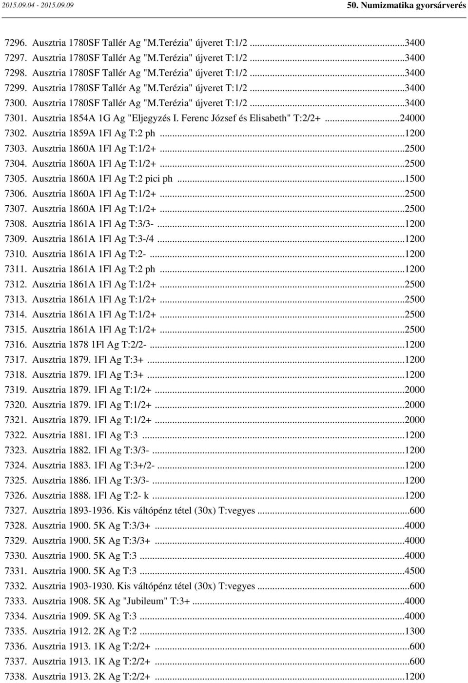 ..24000 7302. Ausztria 1859A 1Fl Ag T:2 ph...1200 7303. Ausztria 1860A 1Fl Ag T:1/2+...2500 7304. Ausztria 1860A 1Fl Ag T:1/2+...2500 7305. Ausztria 1860A 1Fl Ag T:2 pici ph...1500 7306.