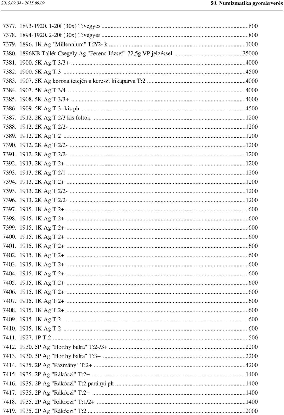 1907. 5K Ag T:3/4...4000 7385. 1908. 5K Ag T:3/3+...4000 7386. 1909. 5K Ag T:3- kis ph...4500 7387. 1912. 2K Ag T:2/3 kis foltok...1200 7388. 1912. 2K Ag T:2/2-...1200 7389. 1912. 2K Ag T:2...1200 7390.