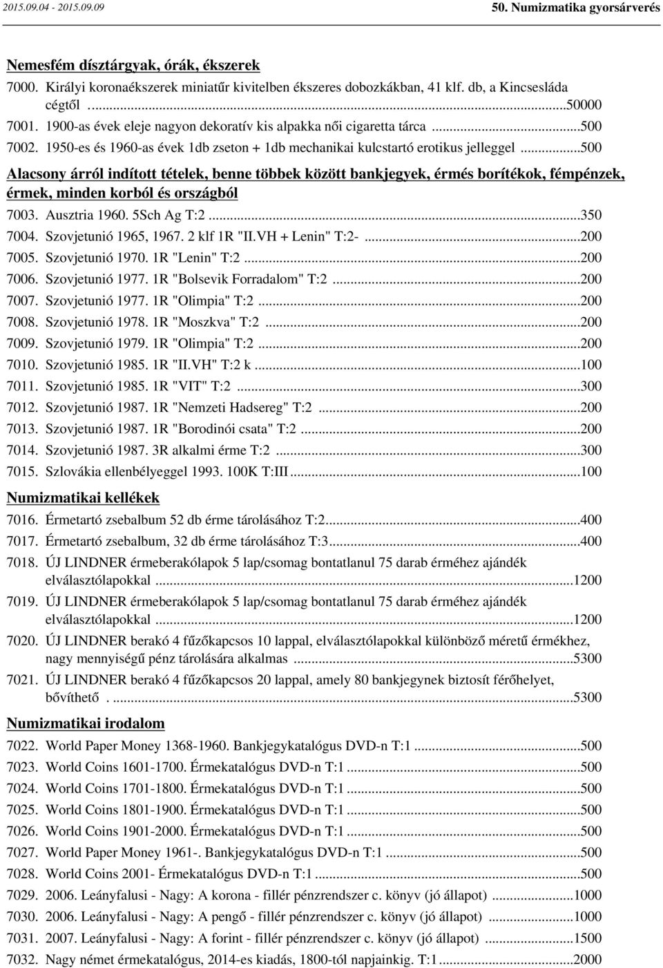 ..500 Alacsony árról indított tételek, benne többek között bankjegyek, érmés borítékok, fémpénzek, érmek, minden korból és országból 7003. Ausztria 1960. 5Sch Ag T:2...350 7004.