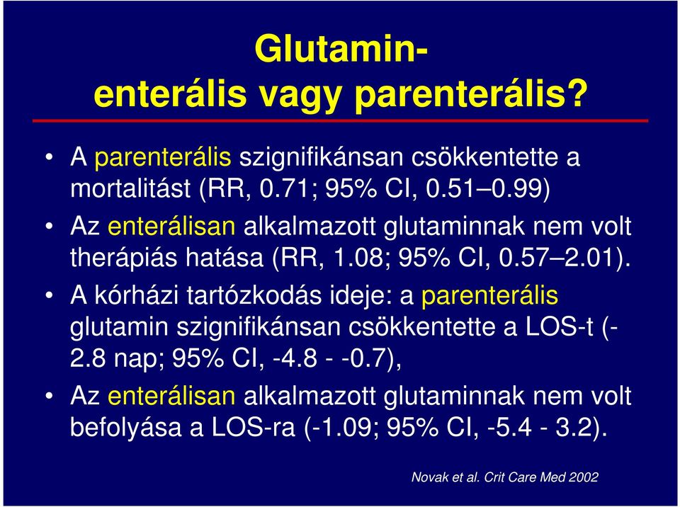 A kórházi tartózkodás ideje: a parenterális glutamin szignifikánsan csökkentette a LOS-t (- 2.8 nap; 95% CI, -4.