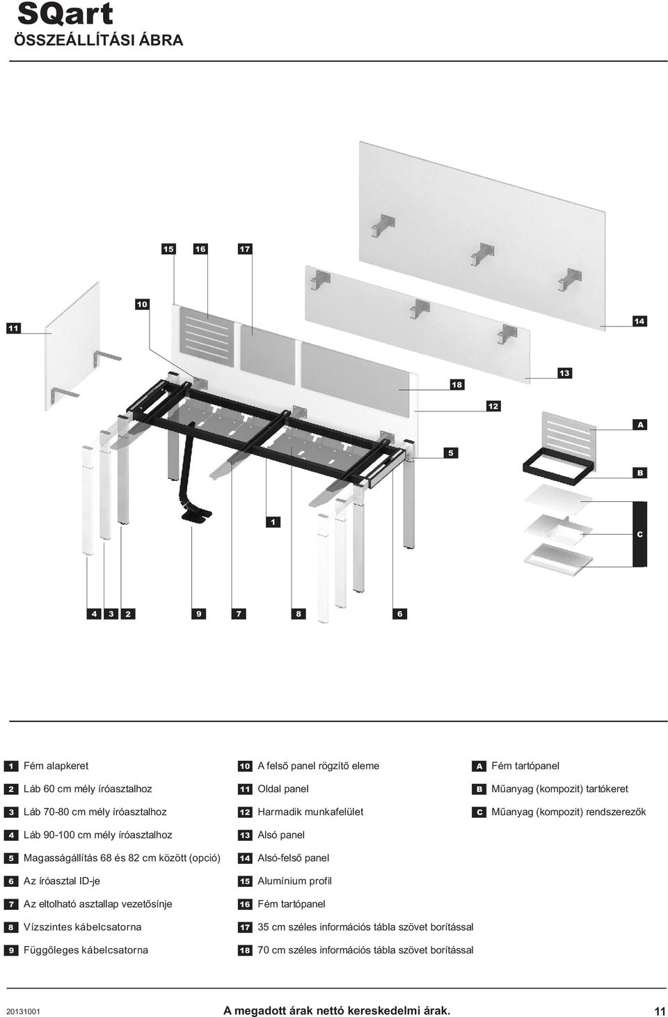 panel rögzítõ eleme 11 Oldal panel 12 Harmadik munkafelület 13 Alsó panel 14 Alsó-felsõ panel 15 Alumínium profil 16 Fém tartópanel 17 35 cm széles információs tábla szövet