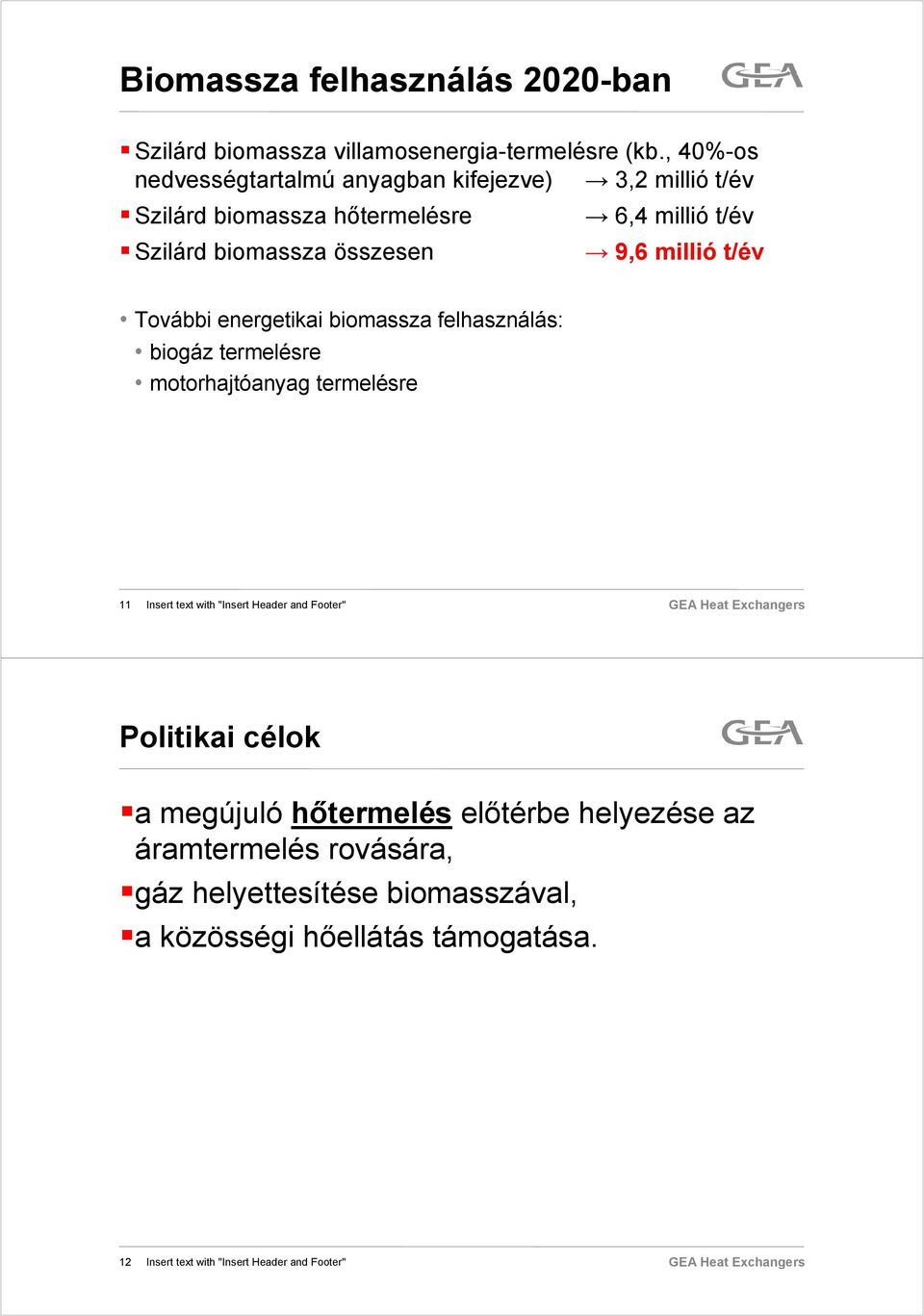 millió t/év További energetikai biomassza felhasználás: biogáz termelésre motorhajtóanyag termelésre 11 Insert text with "Insert Header and