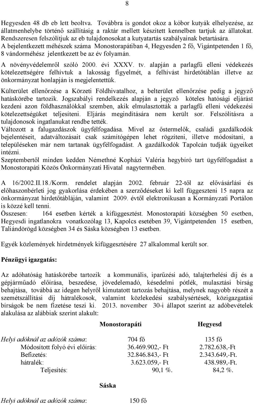 A bejelentkezett méhészek száma Monostorapátiban 4, Hegyesden 2 fő, Vigántpetenden 1 fő, 8 vándorméhész jelentkezett be az év folyamán. A növényvédelemről szóló 2000. évi XXXV. tv.