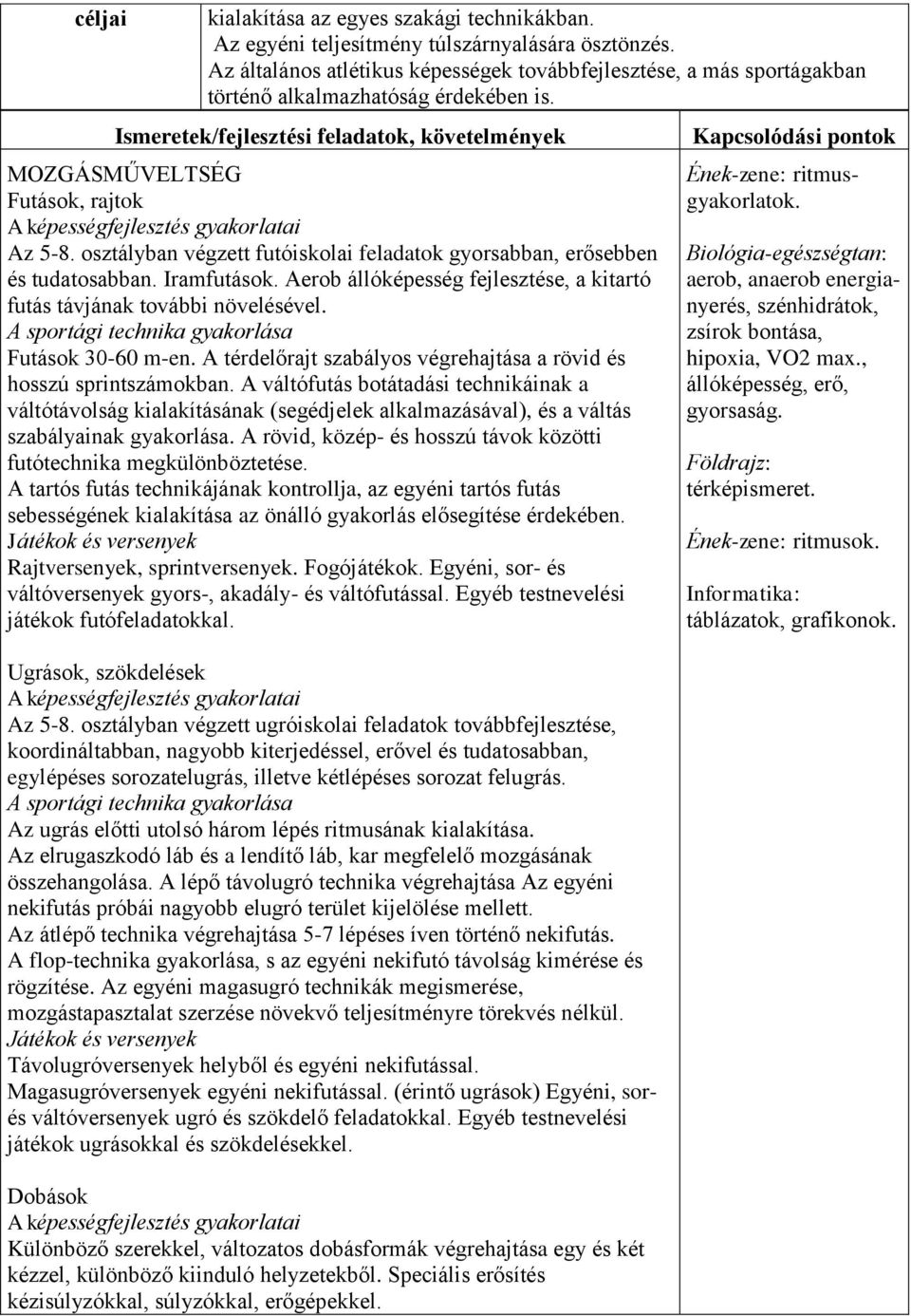 Ismeretek/fejlesztési feladatok, követelmények MOZGÁSMŰVELTSÉG Futások, rajtok A képességfejlesztés gyakorlatai Az 5-8. osztályban végzett futóiskolai feladatok gyorsabban, erősebben és tudatosabban.