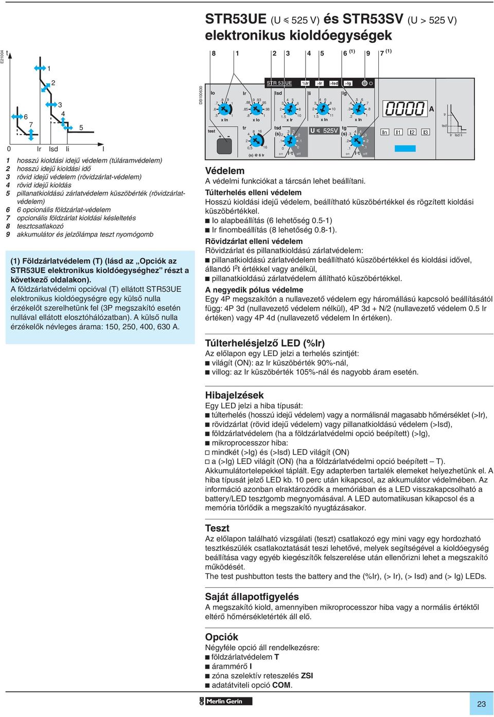 földzárlat kioldási késleltetés 8 tesztcsatlakozó 9 akkumulátor és jelzôlámpa teszt nyomógom (1) Földzárlatvédelem (T) (lásd az Opciók az STR53UE elektronikus kioldóegységhez részt a következô