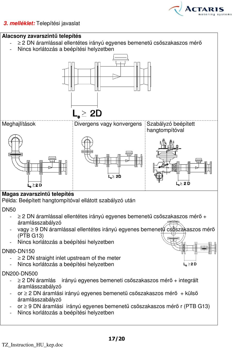 csıszakaszos mérı + áramlásszabályzó - vagy 9 DN áramlással ellentétes irányú egyenes bemenető csıszakaszos mérı (PTB G) - Nincs korlátozás a beépítési helyzetben DN8-DN5 - DN straight inlet upstream