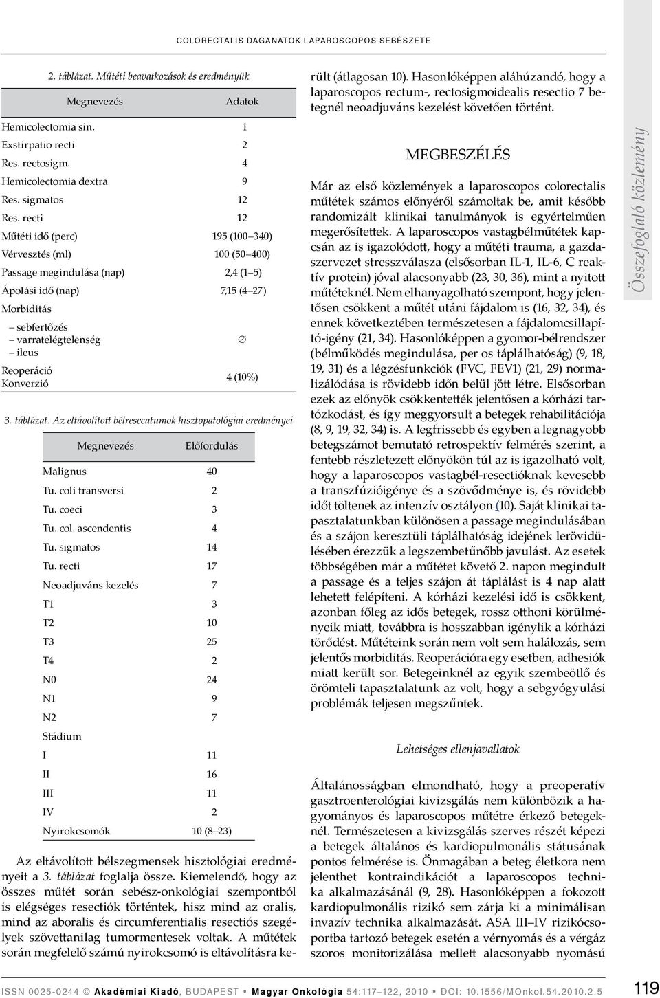 recti 12 Műtéti idő (perc) 195 (100 340) Vérvesztés (ml) 100 (50 400) Passage megindulása (nap) 2,4 (1 5) Ápolási idő (nap) 7,15 (4 27) Morbiditás sebfertőzés varratelégtelenség ileus Reoperáció