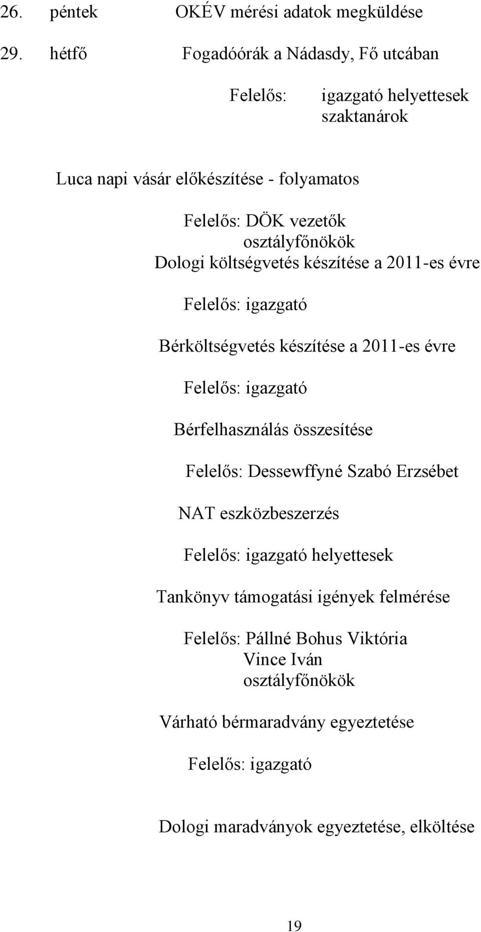 osztályfőnökök Dologi költségvetés készítése a 2011-es évre Bérköltségvetés készítése a 2011-es évre Bérfelhasználás összesítése