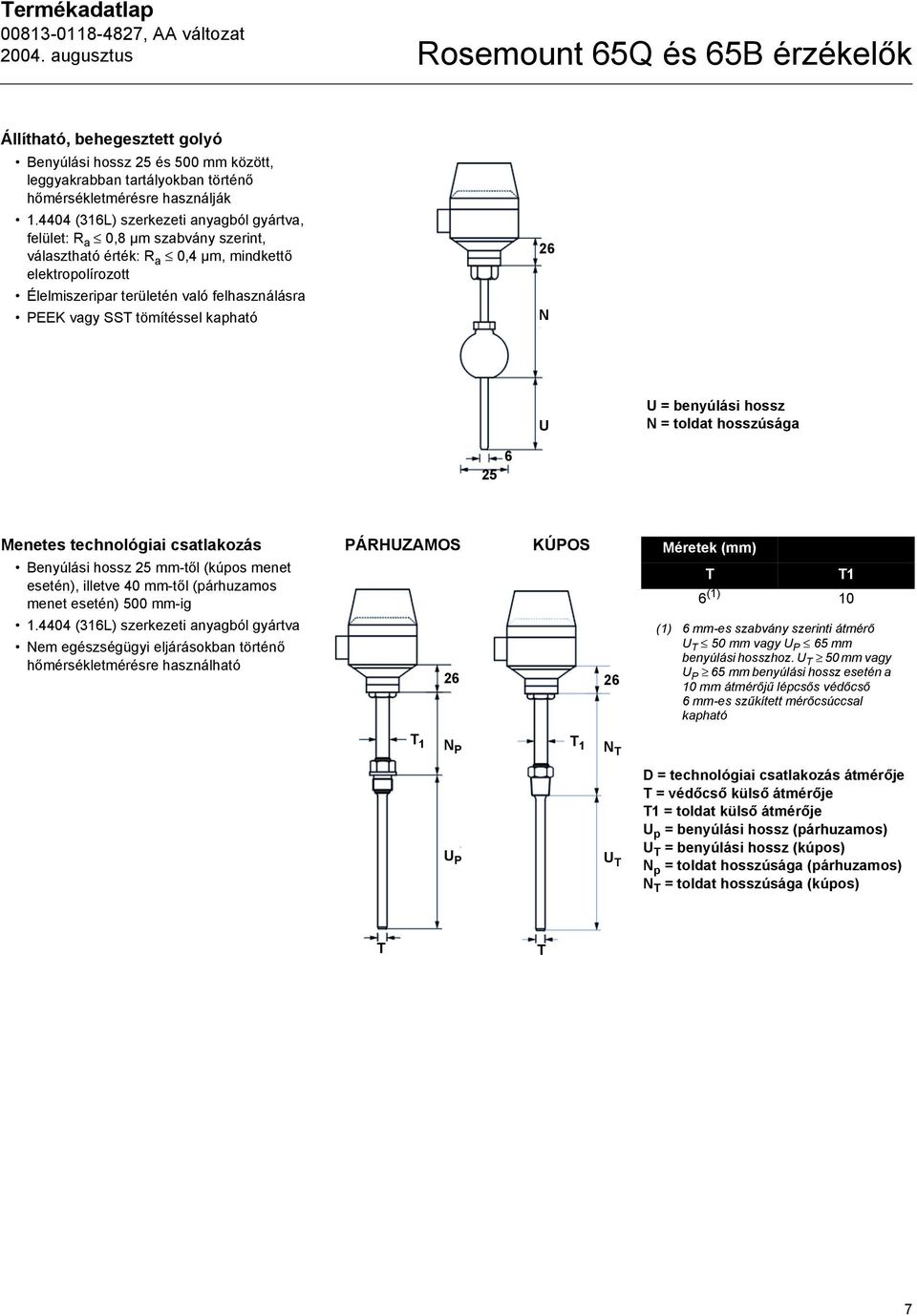tömítéssel kapható 26 N = benyúlási hossz N = toldat hosszúsága 6 25 Menetes technológiai csatlakozás Benyúlási hossz 25 mm-től (kúpos menet esetén), illetve 40 mm-től (párhuzamos menet esetén) 500