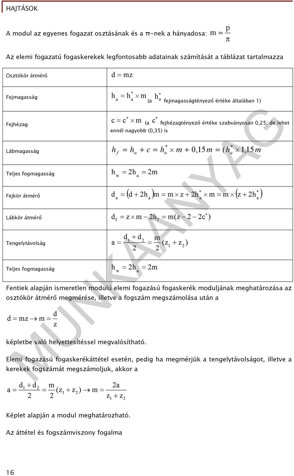 ha, 5m h w h a m * * Fejkör átmérő d d h m m z h m m z h Lábkör átmérő df z m hf m(z c ) Tengelytávolság a (z z ) Teljes fogmagasság h a w d d h a a m m Fentiek alapján ismeretlen modulú elemi