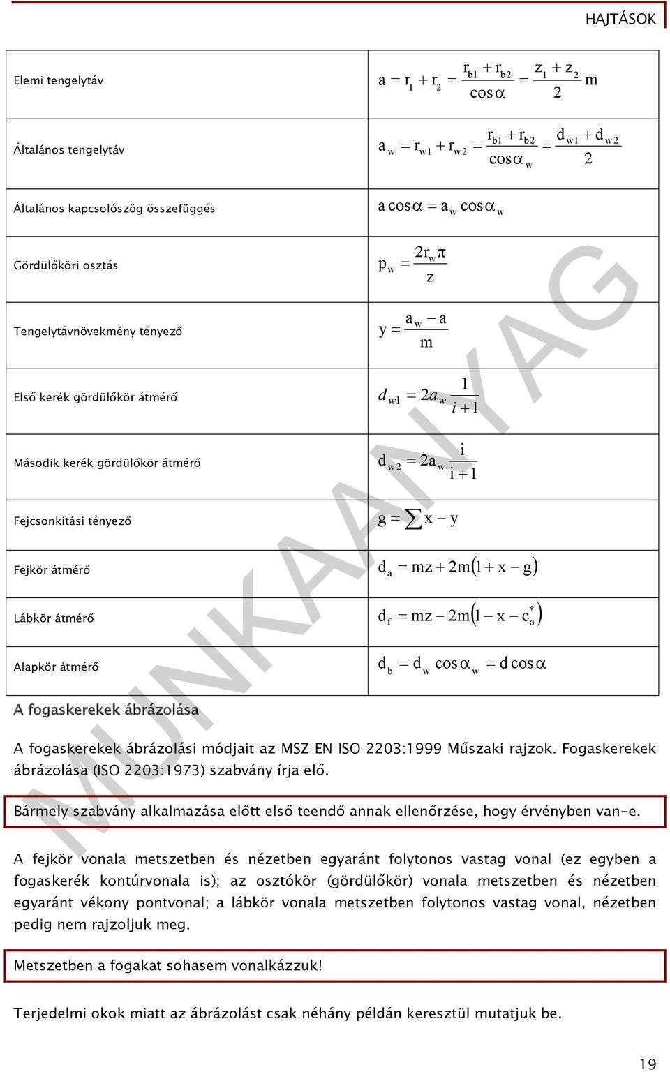 ábrázolása d a d f c a b d w cos w w d cos A fogaskerekek ábrázolási módjait az MSZ EN ISO 03:999 Műszaki rajzok. Fogaskerekek ábrázolása (ISO 03:973) szabvány írja elő.