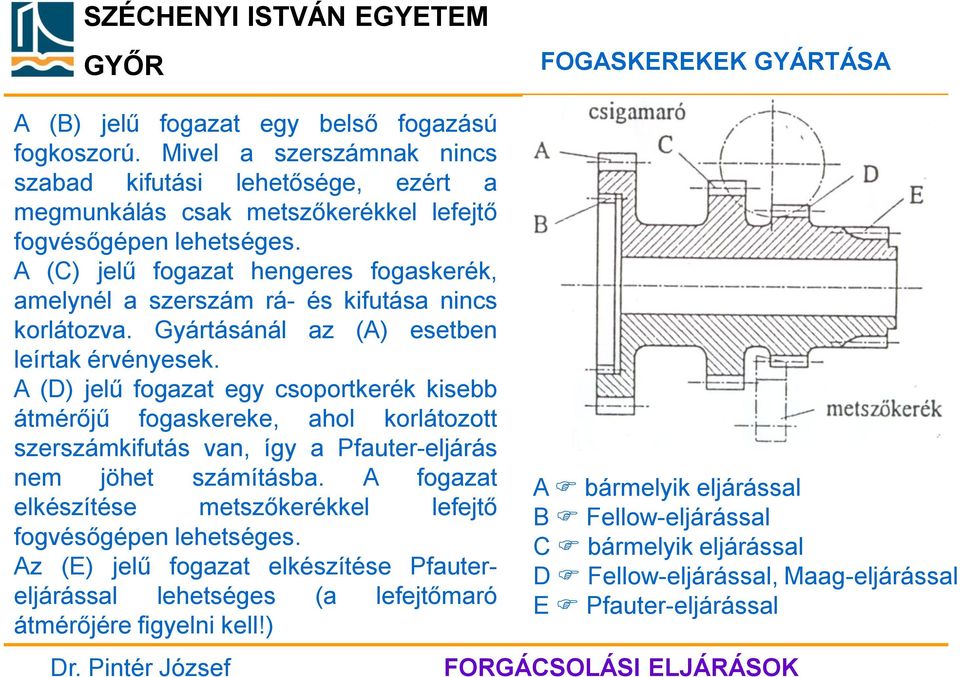 A (D) jelű fogazat egy csoportkerék kisebb átmérőjű fogaskereke, ahol korlátozott szerszámkifutás van, így a Pfauter-eljárás nem jöhet számításba.