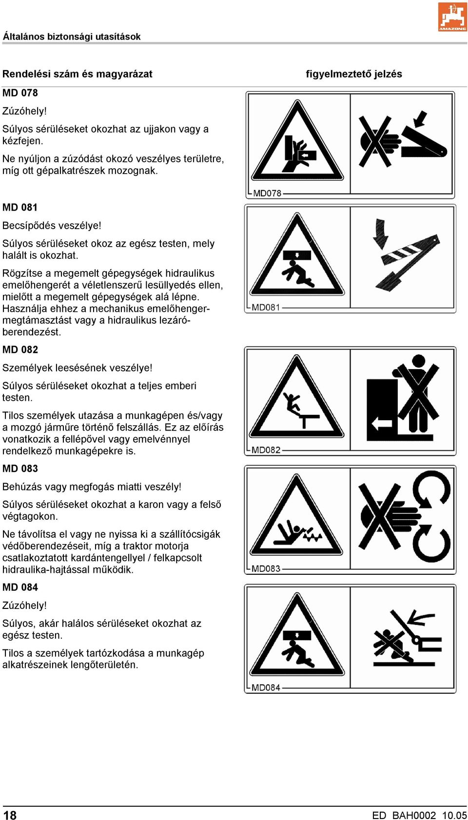 Rögzítse a megemelt gépegységek hidraulikus emelőhengerét a véletlenszerű lesüllyedés ellen, mielőtt a megemelt gépegységek alá lépne.