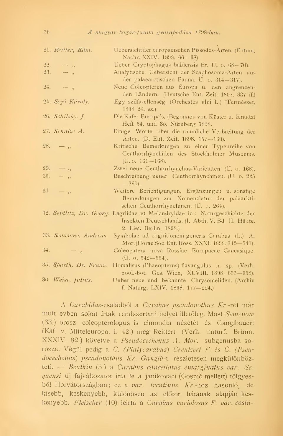 Sajn Károly. Egy szilfa-ellenség (Orchestes alni L.) (Természet, 1898 24. sz.) 26. Schilsky, J. Die Káfer Europa's. (Begonnen von Küster u. Kraatz) Heft 34. und 35. Nürnberg 1898. 27. Schulze A.