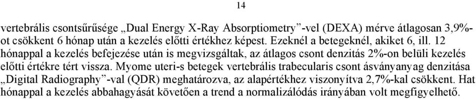 12 hónappal a kezelés befejezése után is megvizsgáltak, az átlagos csont denzitás 2%-on belüli kezelés előtti értékre tért vissza.