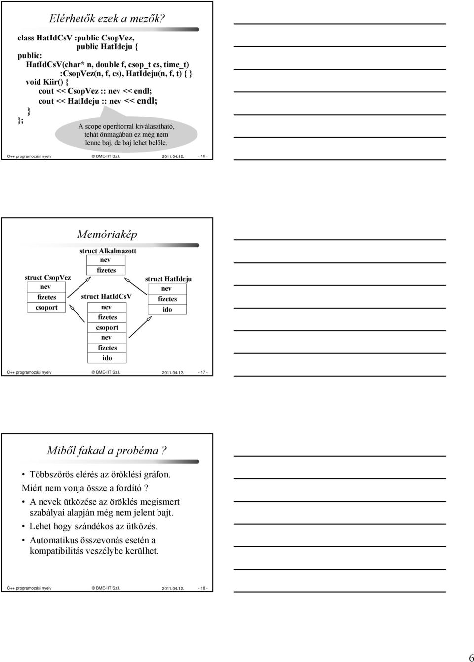 << endl; A scope operátorral kiválasztható, tehát önmagában ez még nem lenne baj, de baj lehet belőle. C++ programozási nyelv BME-IIT Sz.I. 2011.04.12.