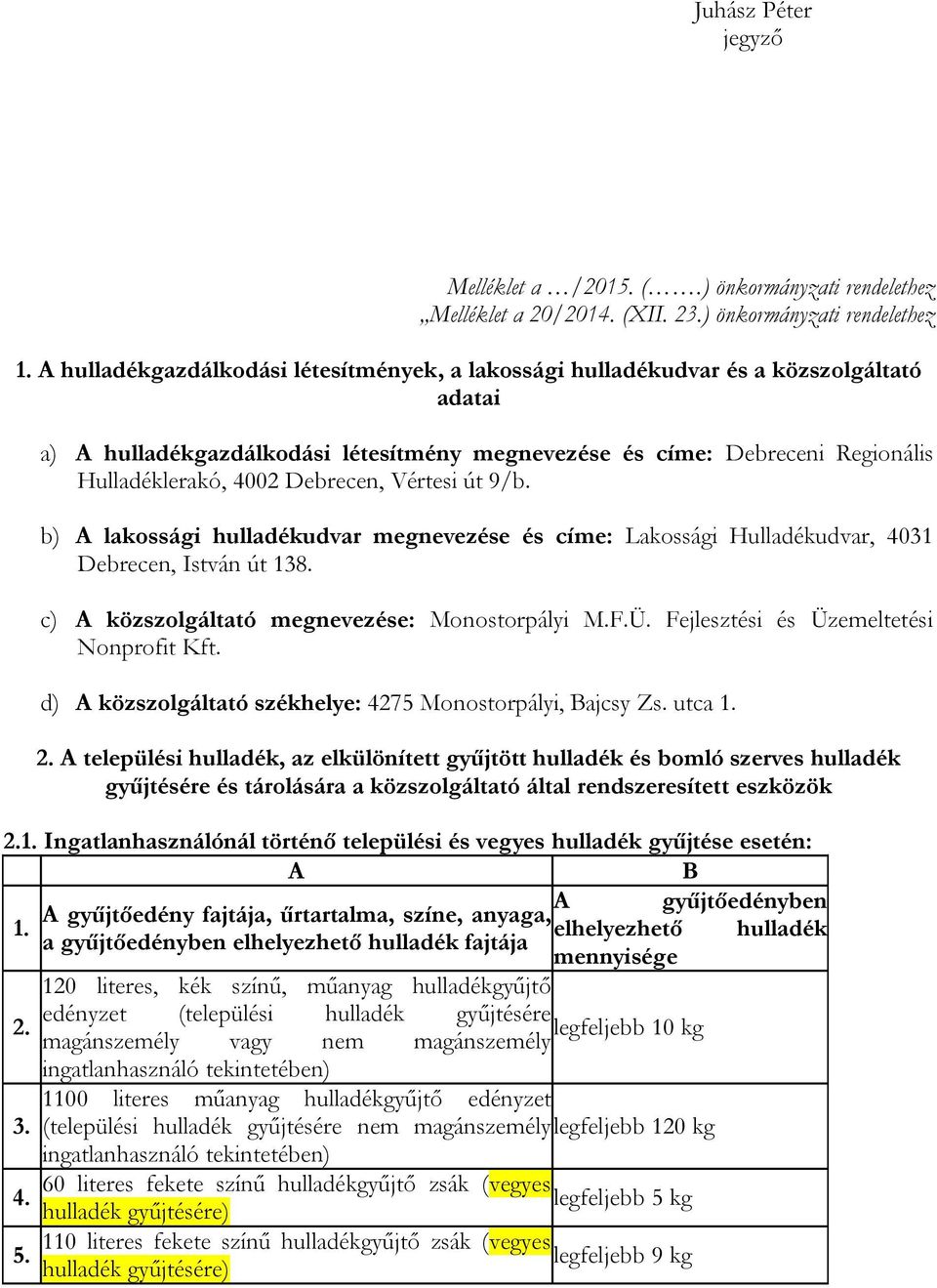 Debrecen, Vértesi út 9/b. b) A lakossági hulladékudvar megnevezése és címe: Lakossági Hulladékudvar, 4031 Debrecen, István út 138. c) A közszolgáltató megnevezése: Monostorpályi M.F.Ü.