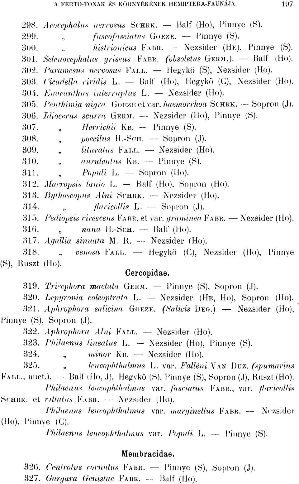 Euaeanthus interruptus L. Nezsider (Ho). 305. Penthimia nigra GOEZE et var. haemorrhoa SCHRK. Sopron (J). 306. Idiocerus scurra GERM. Nezsider (HO), Pinnye (S). 307. Herrichii KB. Pinnye (S). 308.