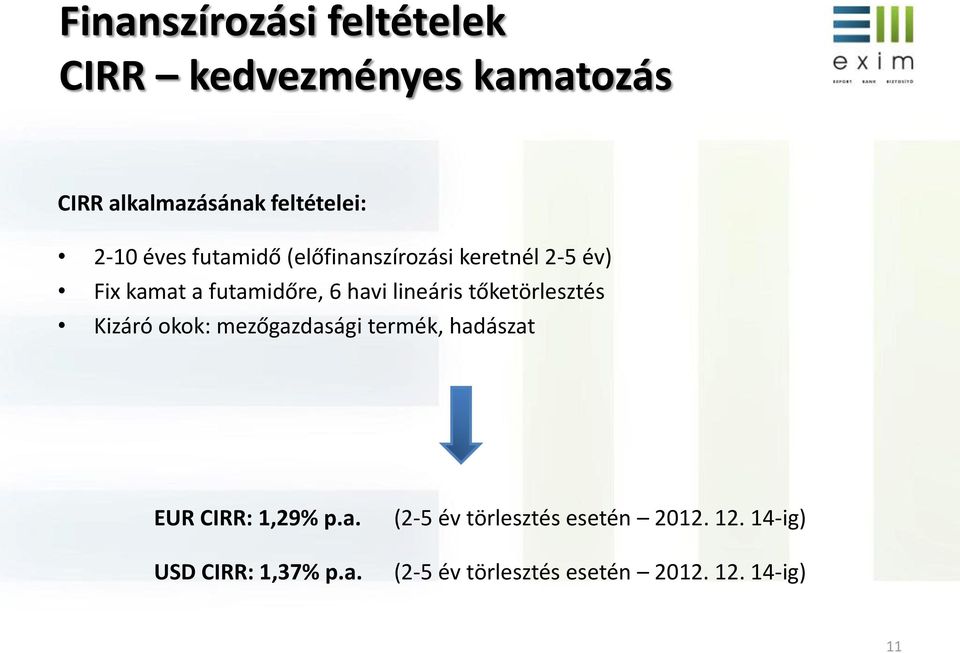 tőketörlesztés Kizáró okok: mezőgazdasági termék, hadászat EUR CIRR: 1,29% p.a. USD CIRR: 1,37% p.